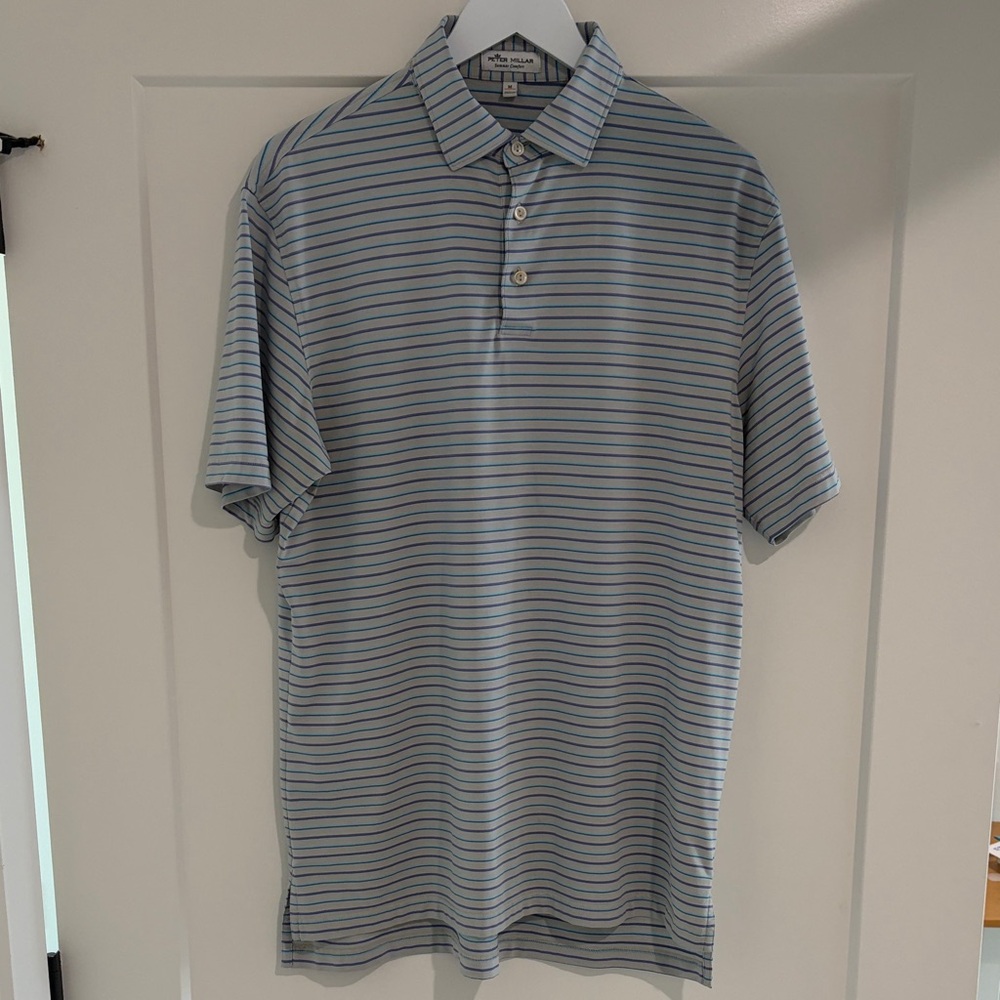 Peter Millar Light Blue and White Striped Polo